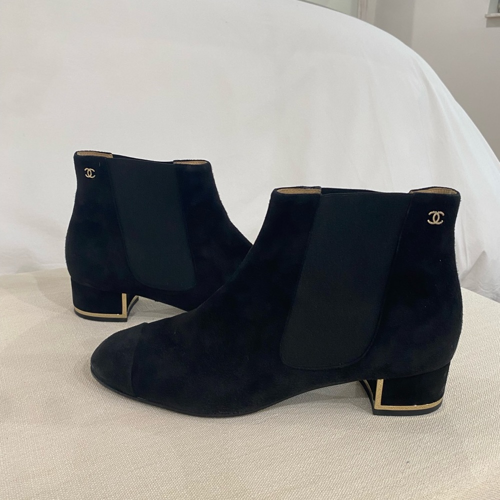 CHANEL black suede ankle booties with gold logo
